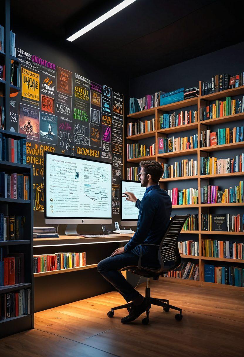 An imaginative, bustling online bookstore with animated books flying off virtual shelves, showcasing diverse genres from self-help to fiction, while a confident entrepreneur analyzes profit graphs on a digital screen in the foreground. The scene captures a vibrant, energetic atmosphere with colorful book covers and modern technology. super-realistic. vibrant colors. 3D.