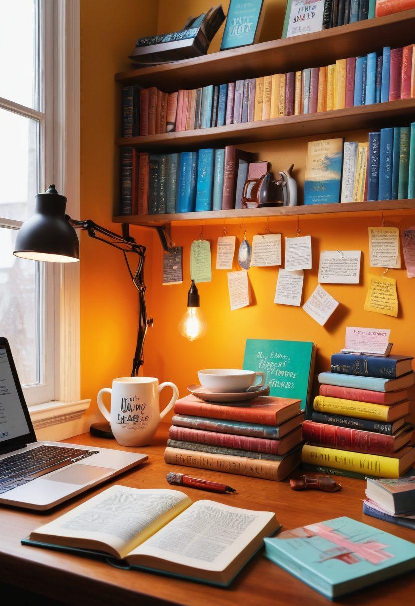 A cozy home office scene with a person enthusiastically browsing a laptop surrounded by stacks of colorful used books. A warm glow from a desk lamp highlights a notepad filled with notes on selling books. A coffee mug with a book quote sits nearby, and a wall adorned with book posters adds charm. The atmosphere should evoke a sense of excitement and passion for reading and book trading. super-realistic. vibrant colors.