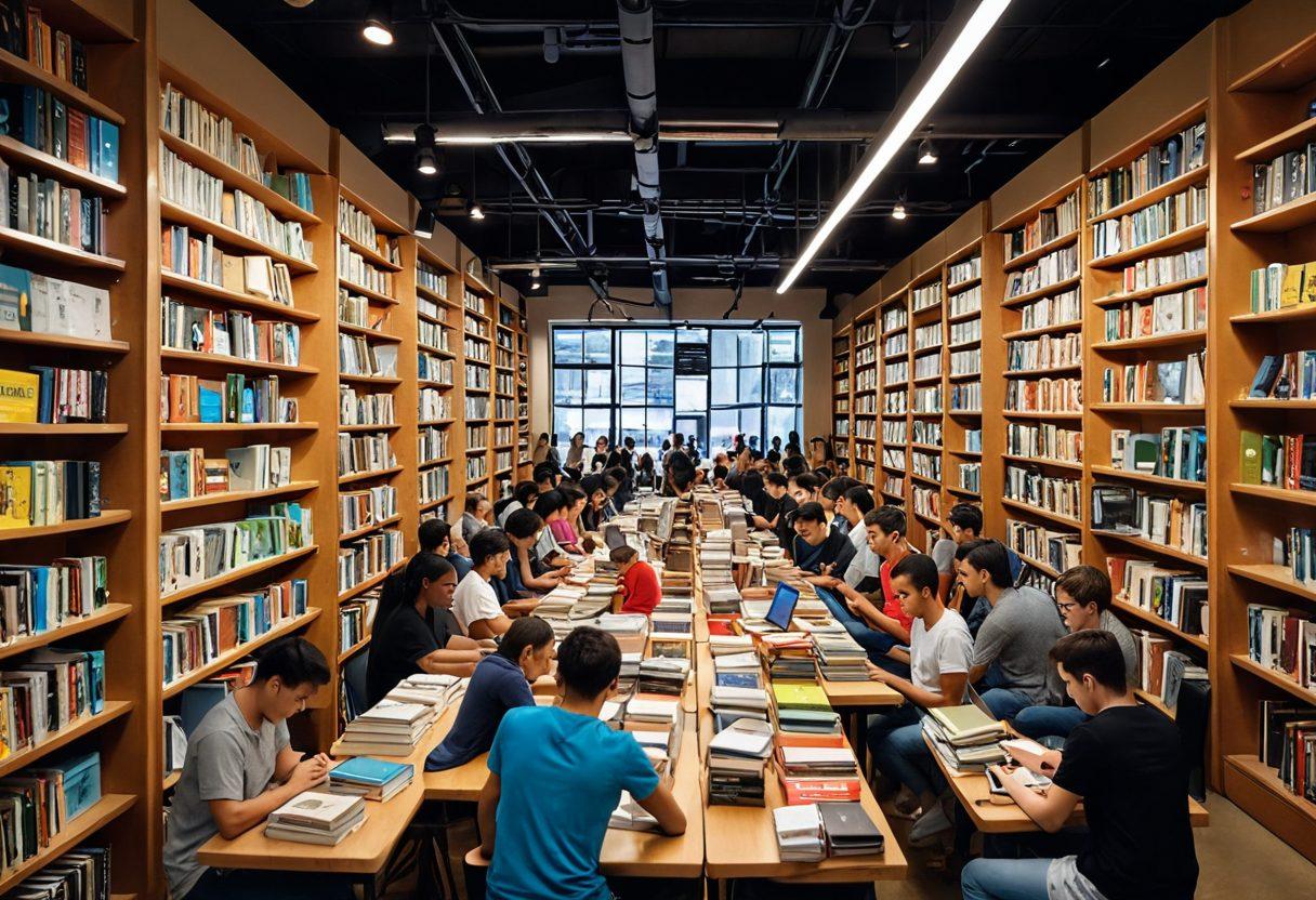 A visually engaging playbook with colorful illustrations of textbooks, stacks of books, and digital devices displaying e-books, surrounded by students in a lively bookstore setting. Incorporate elements representing affordability, such as price tags and discount signs, along with diverse characters enthusiastically reading and discussing texts. The background should be a modern bookstore ambiance, filled with bookshelves and cozy reading nooks. super-realistic. vibrant colors. warm lighting.